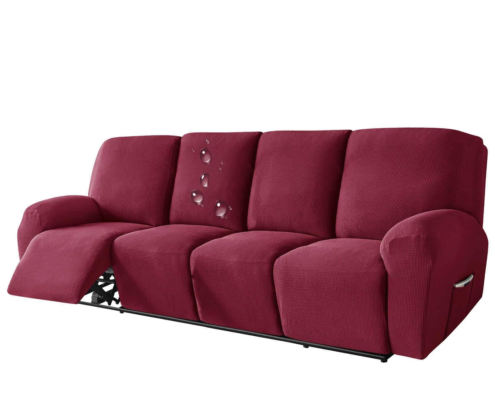 Waterproof recliner couch covers 4 Seat Stretch 10-piece lazy boy reclining sofa slipcover Jacquard with Pocket Armchair Covers For Kids Pets Dog Cat-wine red-4 seater