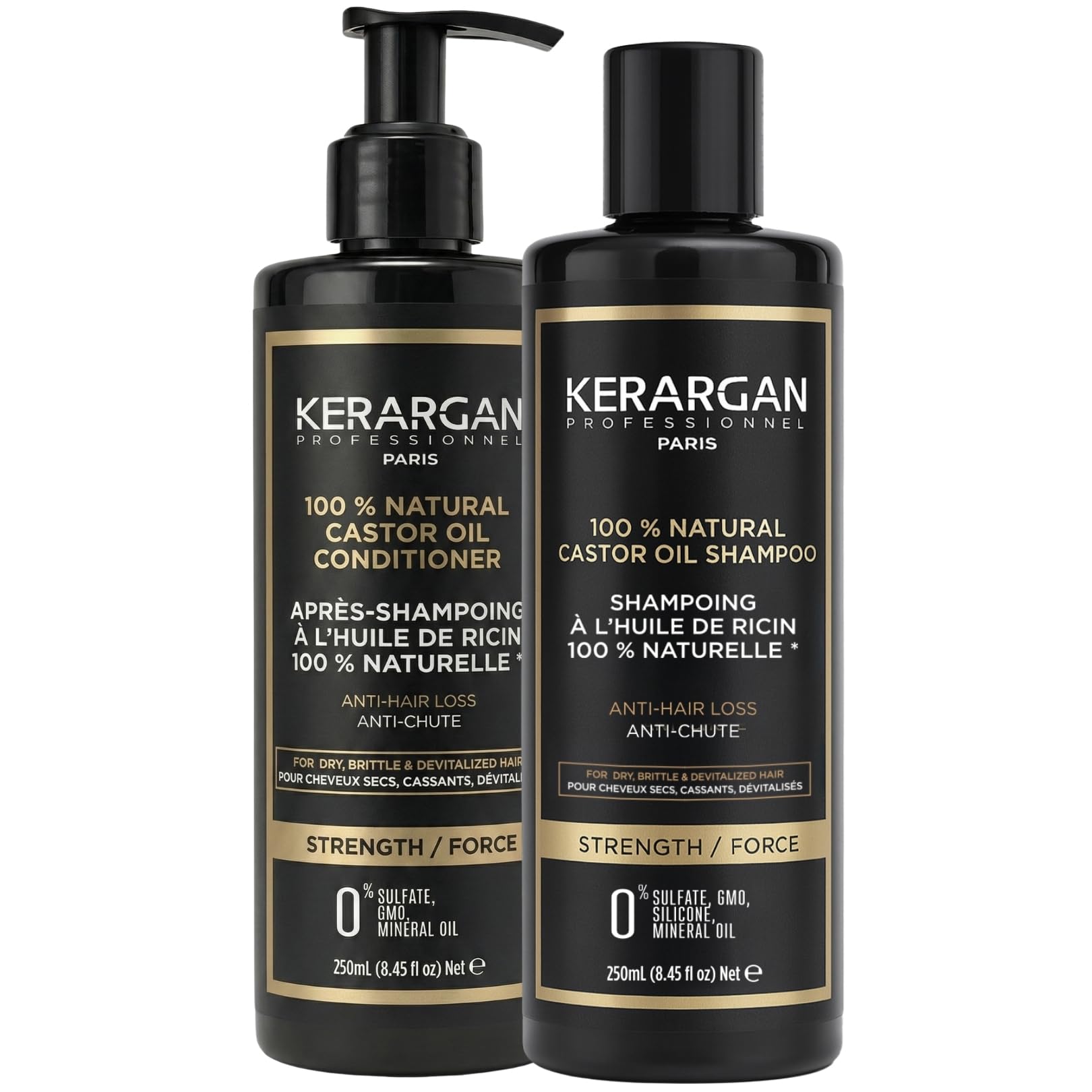 Kerargan - Hair Growth Duo Castor Oil Shampoo & Conditioner for Dry, Brittle, Devitalized Hair - Supports Growth - Sulfate-Free, Silicone-Free, GMO-Free - 2x250ml