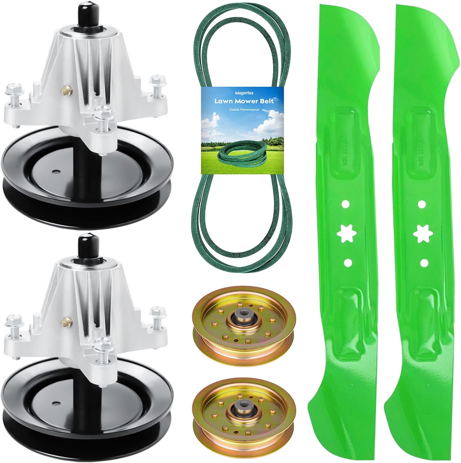 46" Lawn Mower Deck Rebuild Kit Fits for Cub Cadet LTX1045 LTX1046 LTX1046VT, Includes 2 Spindle 618-04865 + 2 Flat Idler Pulley 753-08171 + 2 Blades 942-04244 + 1 103" Belt 954-04219