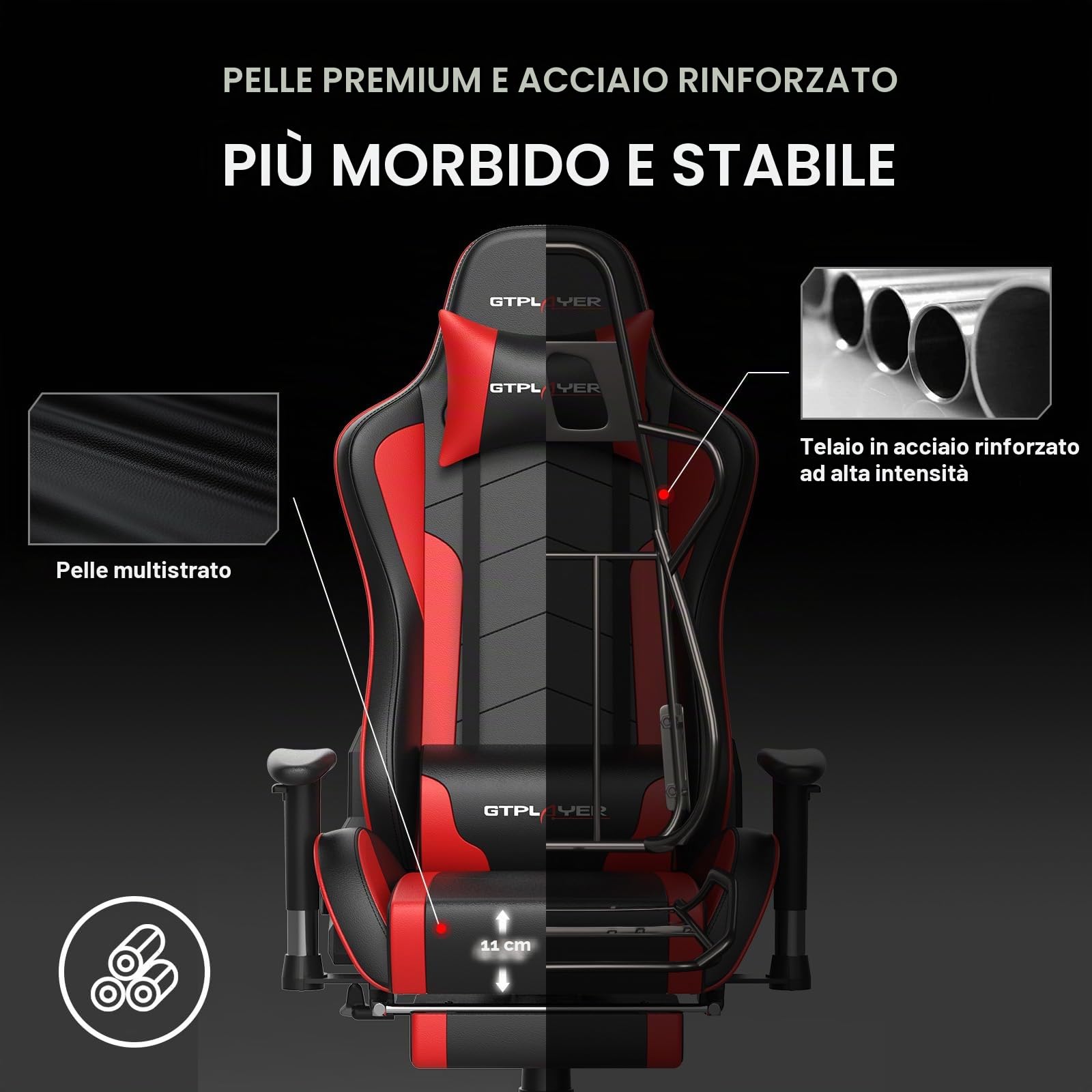 GTPLAYER Sedia da Gaming con Poggiapiedi e Altoparlante Bluetooth Poltrona Ufficio Scrivania Ergonomica Sedie Musicale Rossa