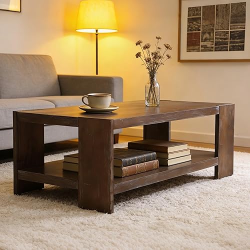 Miniatura 7 de chairus Mesa auxiliar de 47 pulgadas con almacenamiento de 2 niveles, mesa central rectangular de granja con patas de madera de pino maciza