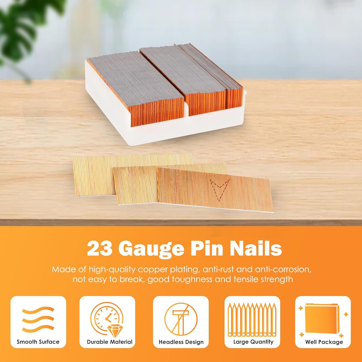 KIMSING P625 Copper Nails, 23 Gauge 10,000 Pieces/Box, 25 mm Length Headless Nails, Suitable for Pneumatic Nailers and Air Power Pinners