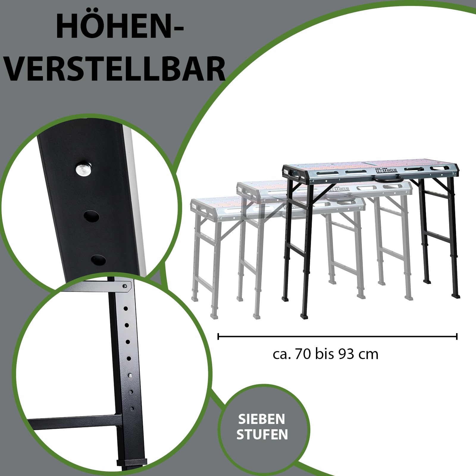 TRUTZHOLM Schweißtisch klappbar 450kg 7-Fach höhenverstellbar 71-93cm Werkbank mit Lochraster Arbeitsfläche 106 x 53 cm Werkstatttisch für Schweißen Montage Garage Metallbearbeitung