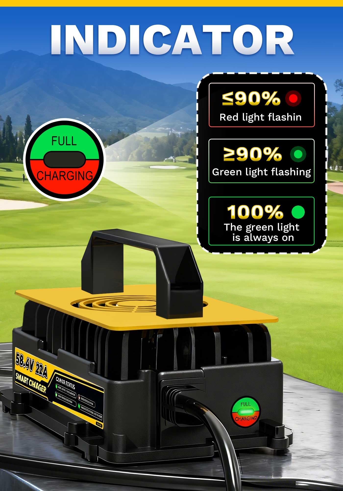 Caricabatterie Litio 58,4V 22A per Batterie LiFePO4 da 48V/51,2V, Impermeabile IP67 con Ventola di Raffreddamento, Adatto per Golf Cart, Barca, Camper, Solare