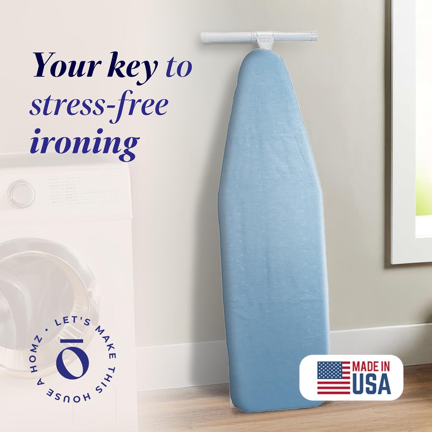 HOMZ Ironing Board, Folding Compact Table with Foam Pad and Cotton Cover, Light Blue - Portable Iron Machine Stand for Pressing Clothes - Ideal for Home, Dorm, and Laundry Room