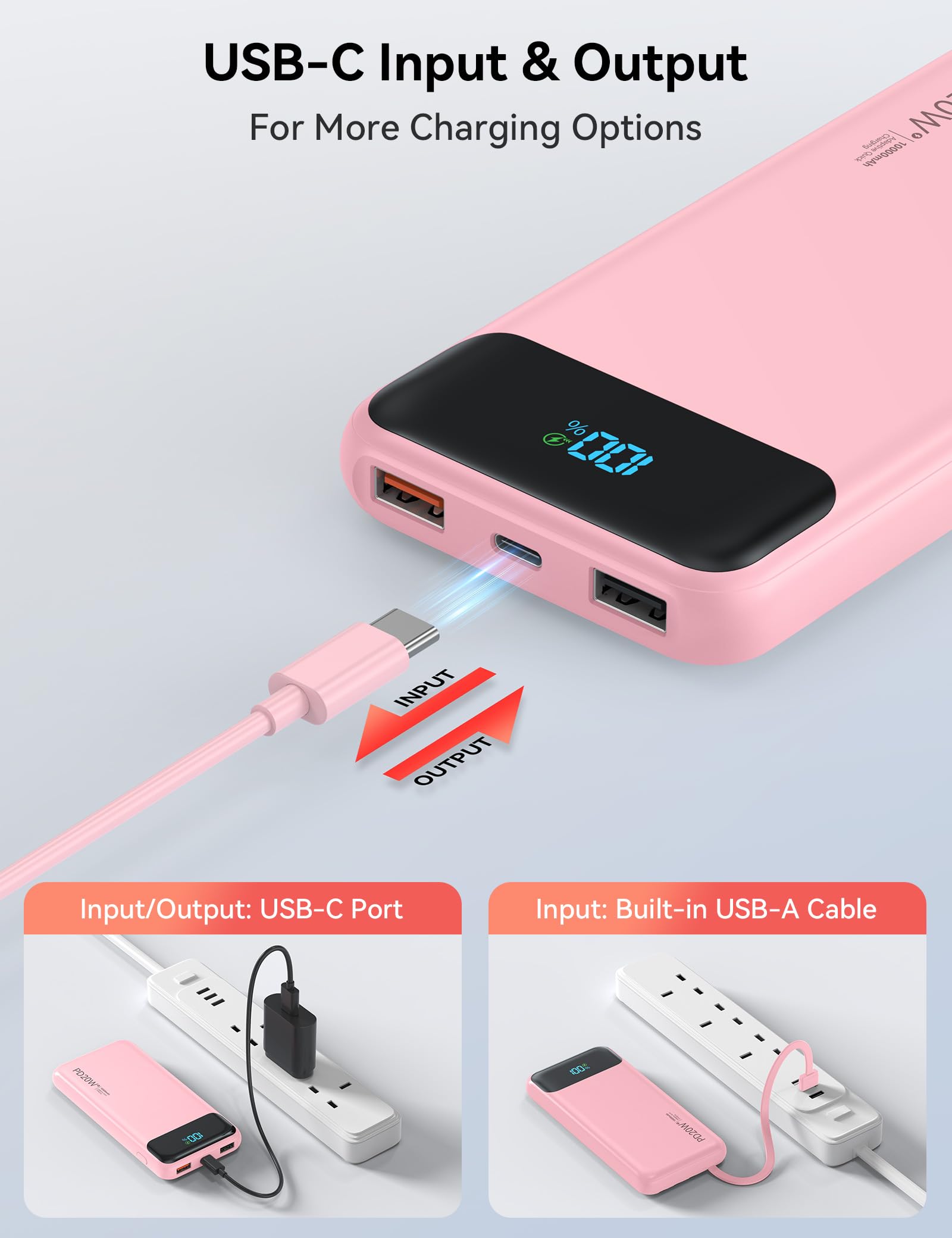 Caricabatterie portatile da 10000 mAh integrato con 4 cavi, ricarica rapida USB C Power Bank da 22,5 W, batteria a 6 uscite, caricabatterie per telefono essenziale da viaggio con display a LED