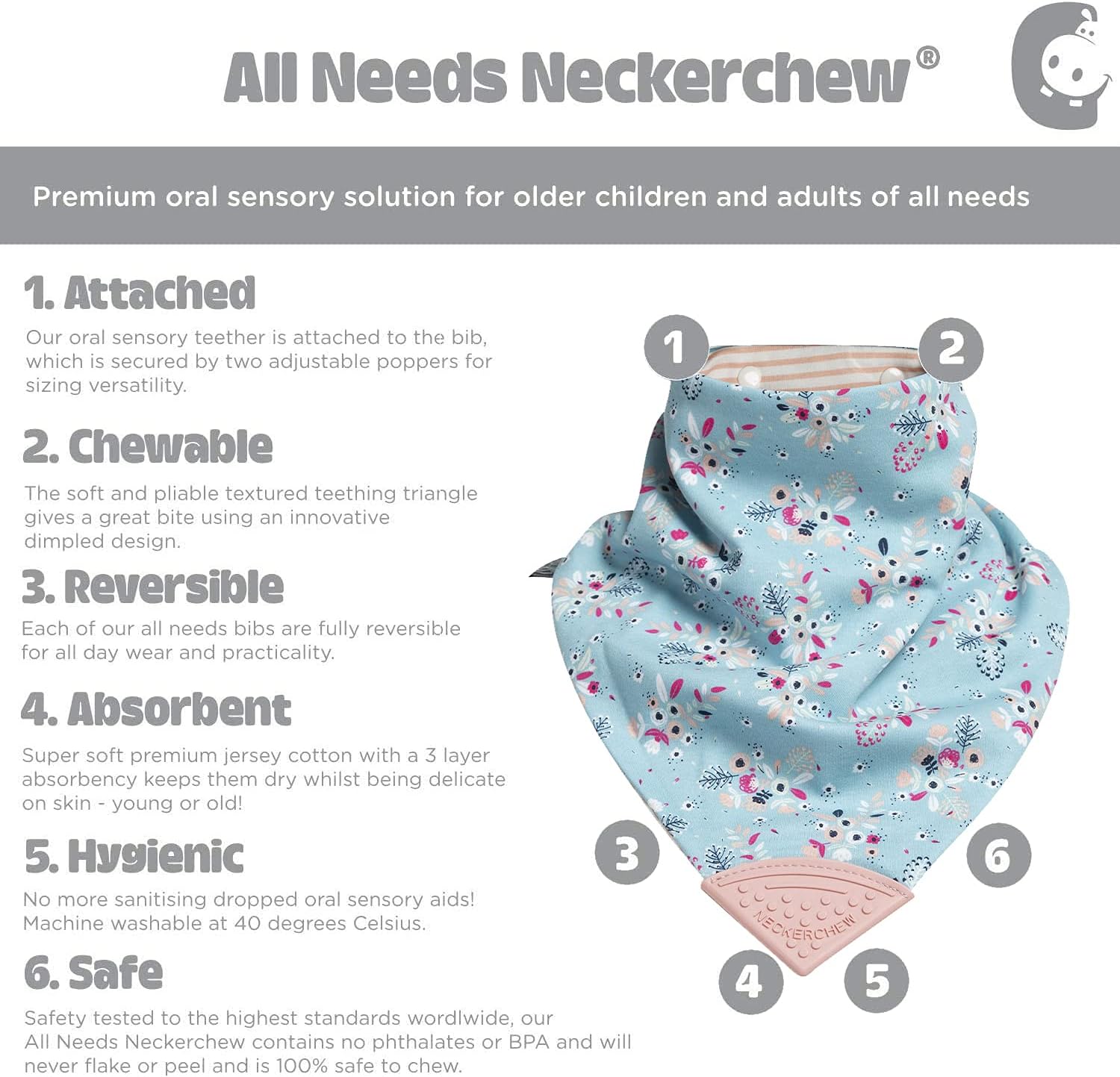 Cheeky Chompers All Needs Bandana Bibs With Oral Sensory Chew, Botanical Bloom - Image 4