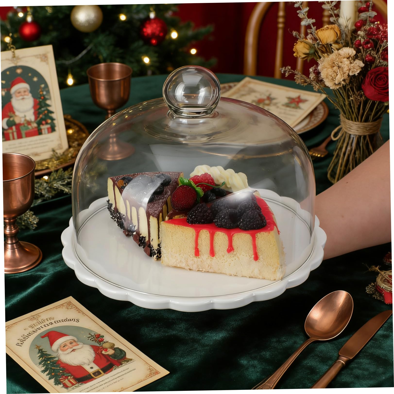 Cubierta para Tartas con Tapa de Vidrio Transparente 9.25 Pulgadas, Plato de Pastel con cúpula de Vidrio y Base de cerámica, 1 Set para Servir postres y Mostrar Pasteles