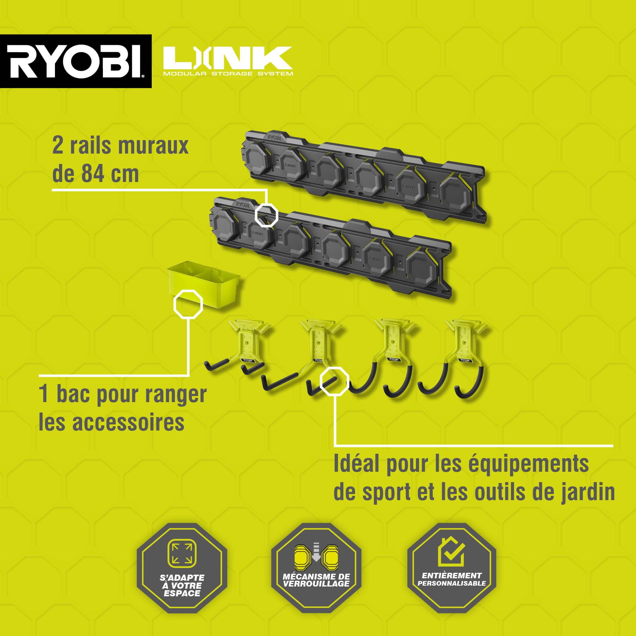 RYOBI - Pack Démarrage Mural LINK - RSLWPK-7PC - Rangement Modulaire, Rails, Crochets, Garage Organisé