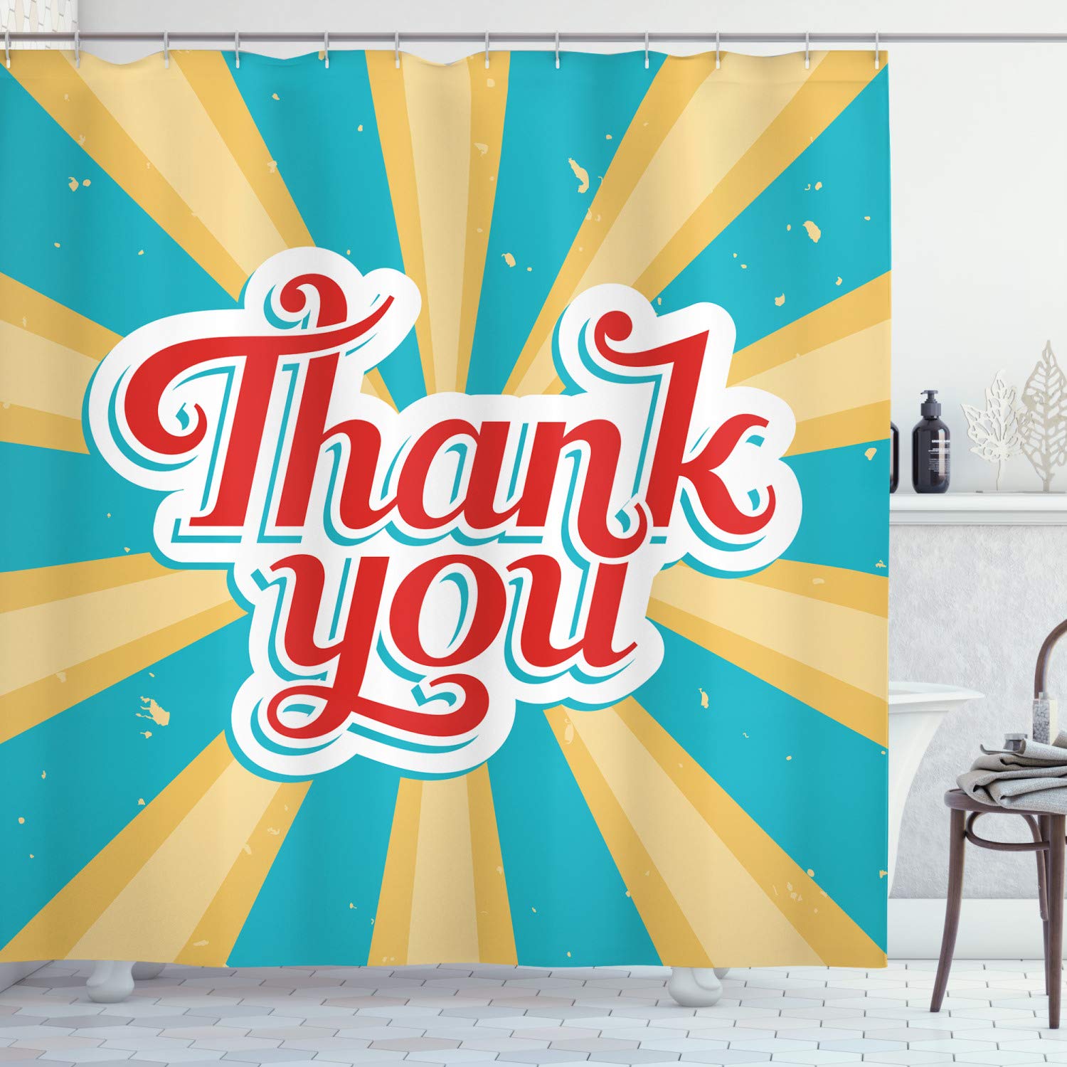 Ambesonne Old Fashioned Calligraphy Shower Curtain, Retro Vintage Antique Look Thank You Sun Rays Sunshine, Cloth Fabric Bathroom Decor Set with Hooks, 69" W x 70" L, Red Yellow Turquoise