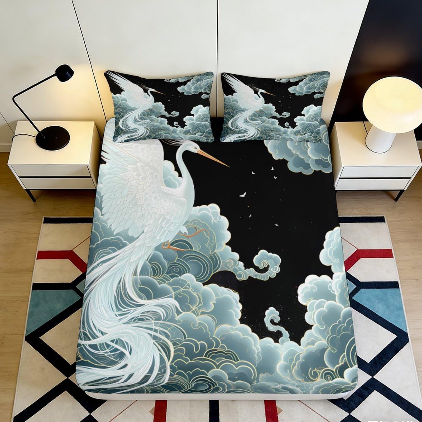 3D Printed Crane Cloud Fitted Sheet Microfiber Non-Slip Deep Pocket Crane Cloud Mattress Fitted Cover Breathable Bedding for Bedroom 200x200x25cm