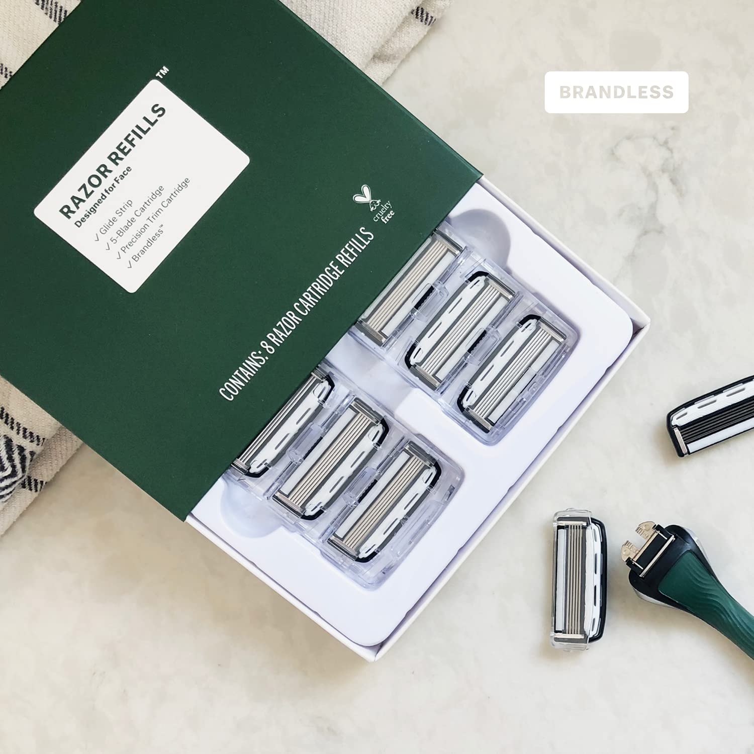 Brandless Razor Refills, Face Razors for Men, Face Razors for Women, Aloe Vera + Vitamin E Moisturizing Glide Strip, Precise Trim Razor, 5-Blade Face Razor Refills, Includes (8) Cartridge Refills
