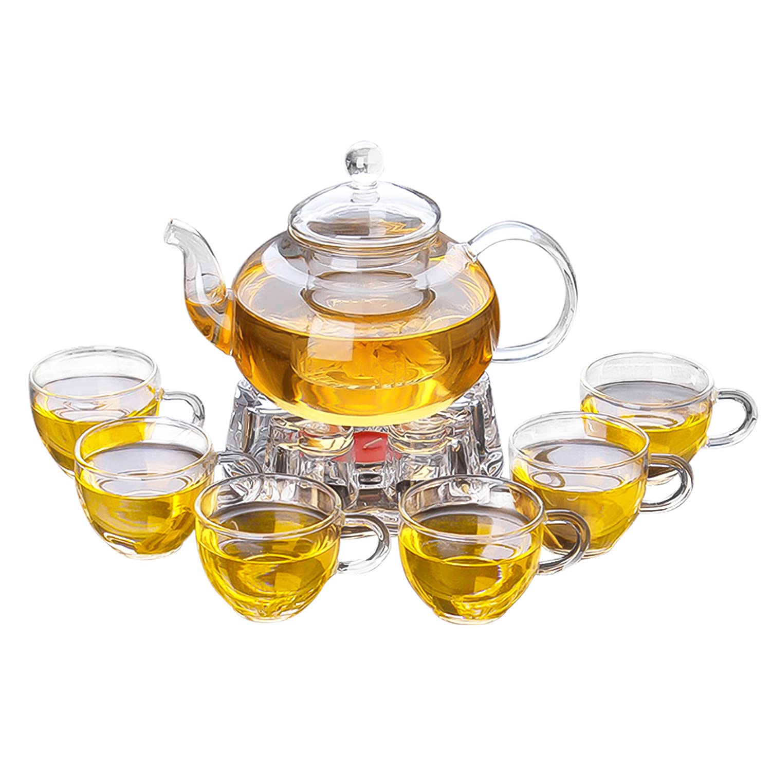 9pcs Glass Teapot Set, 27 oz/ 800 ml Tea Set with 6 Double-Wall Glass Teacups,Borosilicate Glass Teapot with removable glass strainer, Glass Crystal Warmer Heating Base (B)