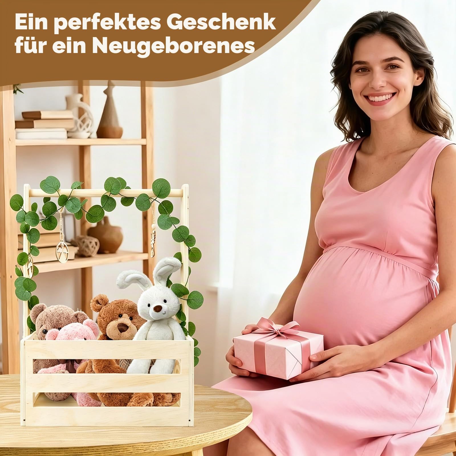 Babyparty Geschenk Holz Babykorb mit Griff, Babyparty Geschenk für Neugeborene, Praktischer Baby Schrank mit Kinder Kleiderbügel und Girlande, Personalisierte Baby Korb für Schwangere Neue Eltern