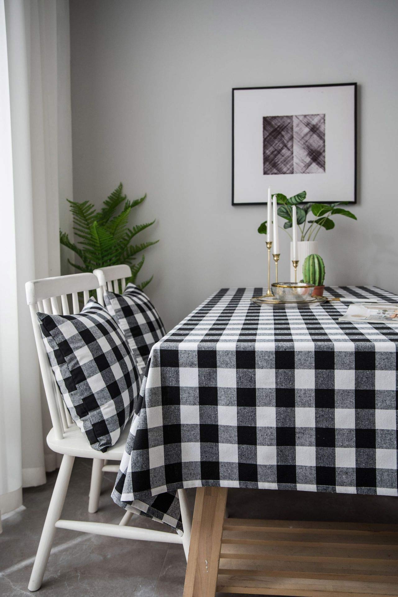 Mantel a cuadros de 55 x 98 pulgadas, tela de lino de algodón a cuadros negro y blanco, perfecto para decoración de mesa de comedor y cocina, elegante mantel para eventos en el hogar