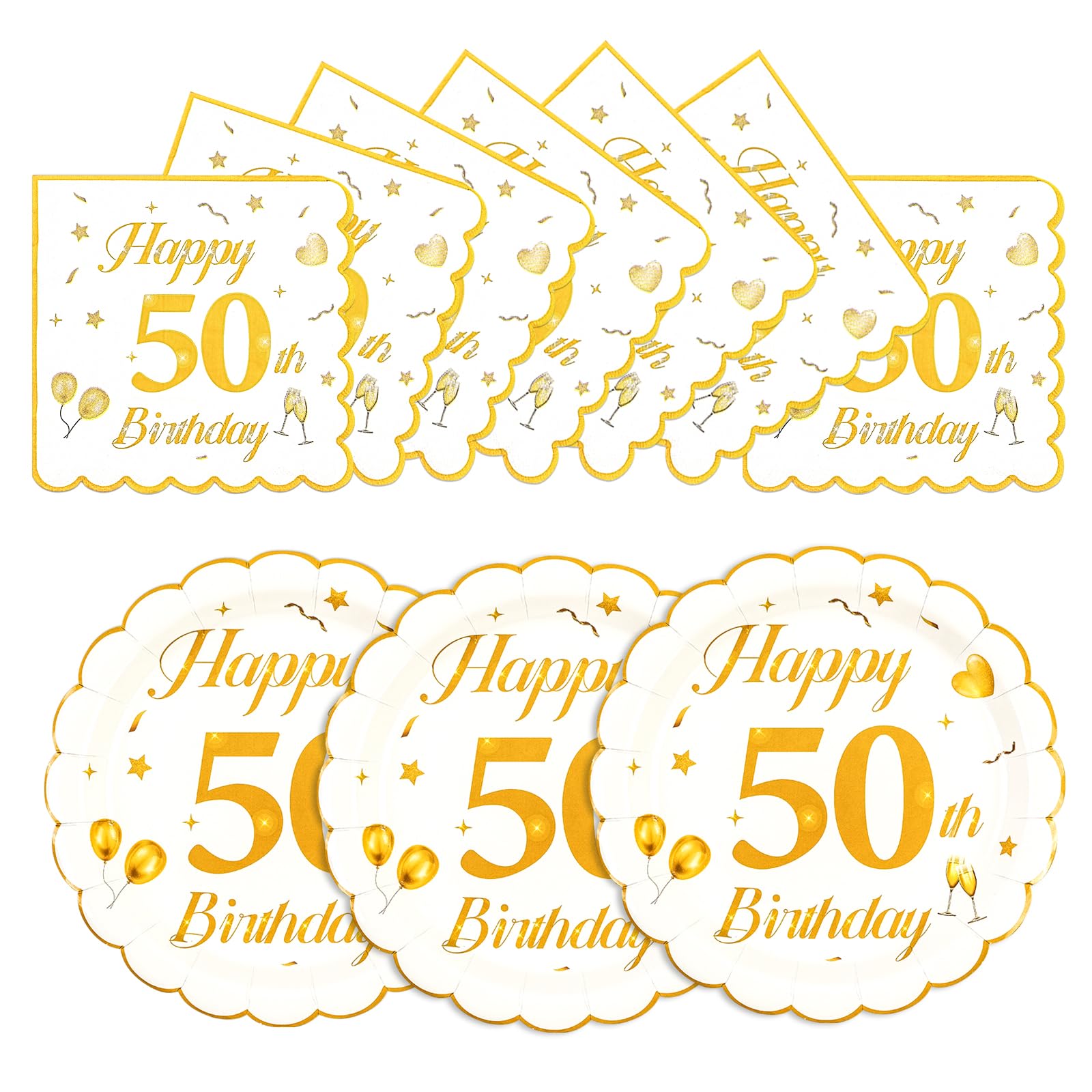 EVYIENEN 50PCS 50th Birthday Paper Plates and Napkins, 7 Inch Scalloped White and Gold Birthday Dessert Cake Plates and Cocktail Napkin for Men and Women Table Anniversary Decoration