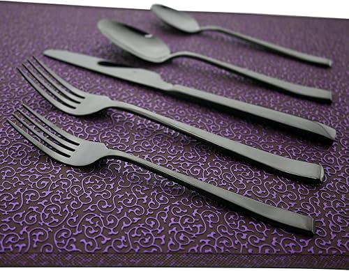 Miniatura 5 de Gugrida Juego de cubiertos de mango grueso de 24 piezas, acero inoxidable 1810 negro antiguo con cuchillo para carne, juego de cubiertos pulidos de