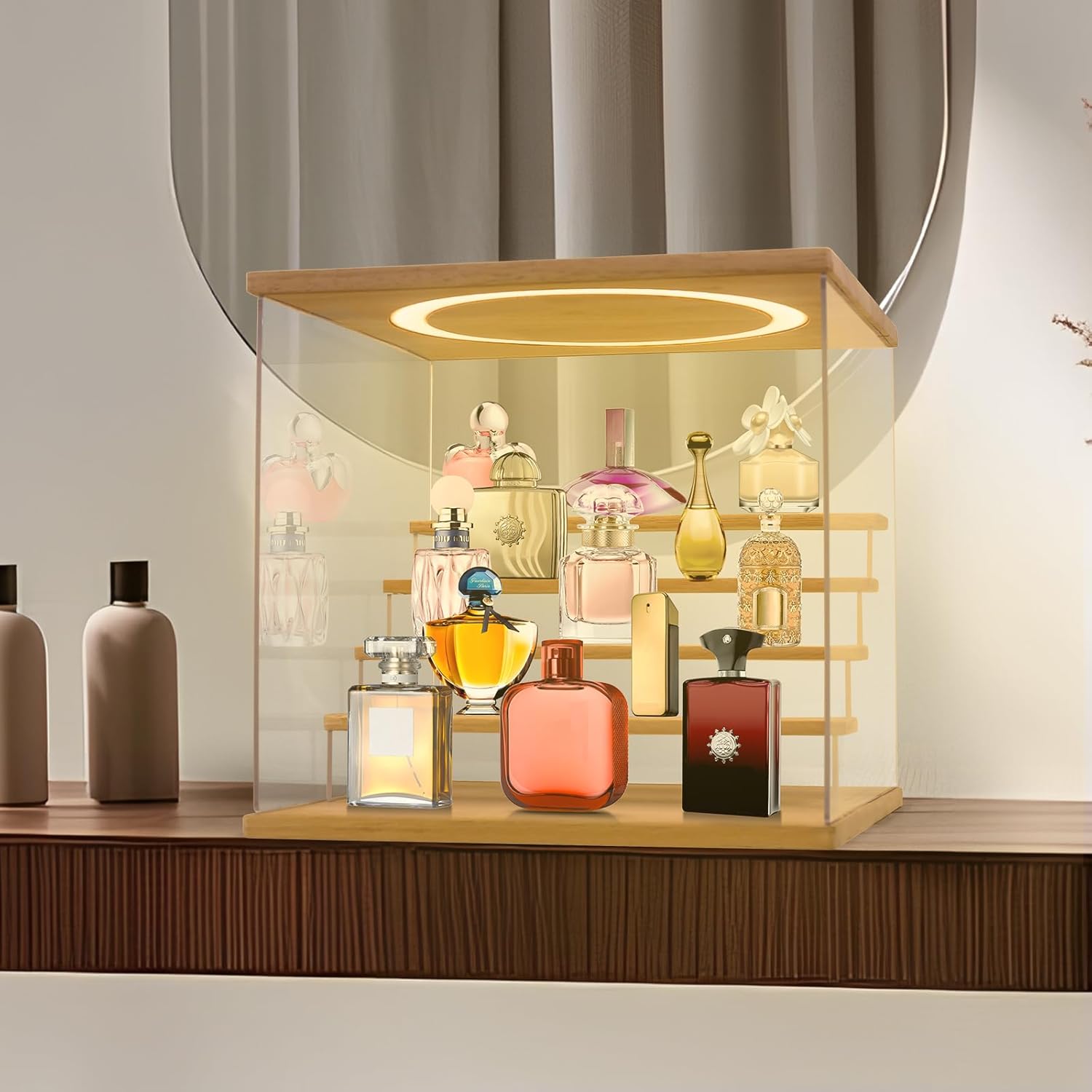 Acrylic Display Case with Adjustable LED Light, 5 Tier Clear Display Box Dustproof Showcase for Action Figures, Collectibles and Mini Toys, Assembly Display Cabinet(Wood 12.5×12.2×11.8in)