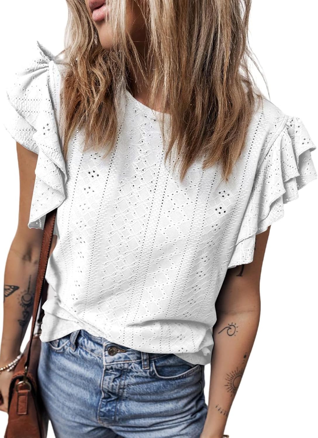 Dokotoo Womens Summer Tops Round Neck Ruffle Sleeve Eyelet Shirts Babydoll Blouses