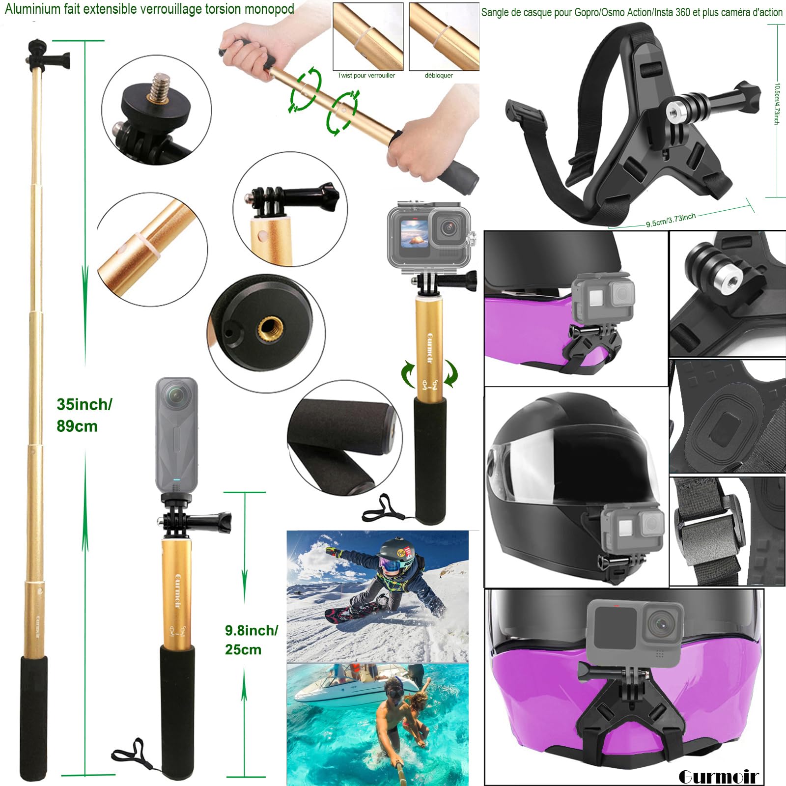 Kit d'accessoires pour Gopro Hero 13/12/11/10/9/8/7/6/Go Pro Max 2/DJI Osmo Action 6/5 pro/4/Insta 360 X5/X4 et Plus Caméra d'action (DT18)