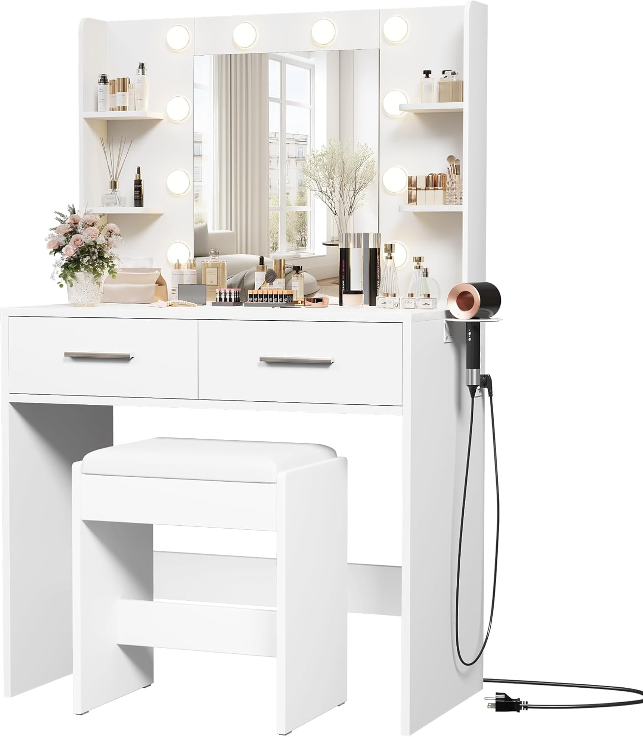(Similar to stock photo)Furmax Make up Vanity Desk with Mirror and Power Outlet, Vanity with 3 Color Light Options Adjustable Brightness,Vanity Desk with 2 Drawers, 6 Storage Shelves (White, with Bench) White with Bench