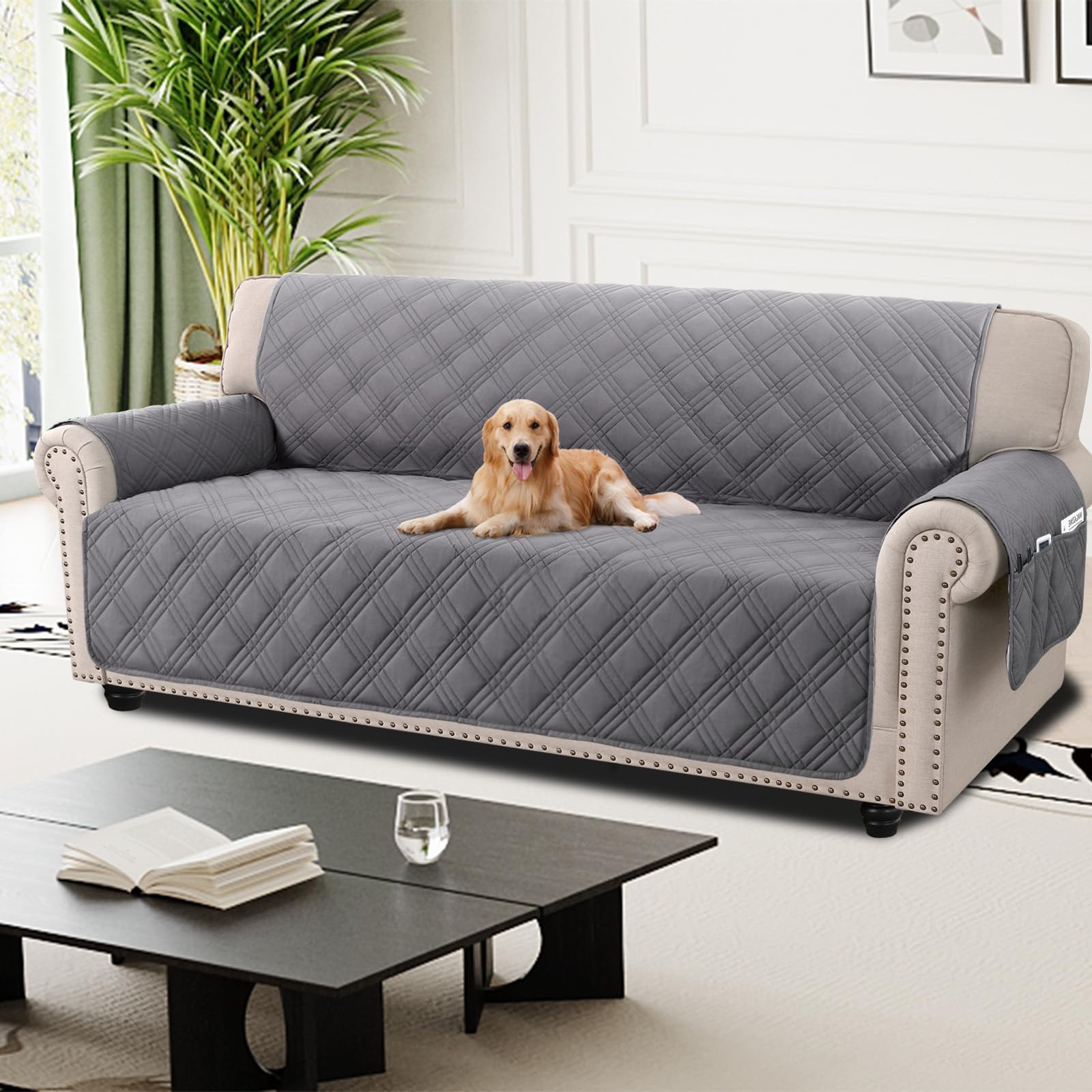 H.Versailtex 100% Waterproof Sofa Cover 4 Seater, Non-Slip Sofa Slipcover with Elastic Straps, Washable Sofa Protector for Kids Pets Four Seasons Universal, Grey
