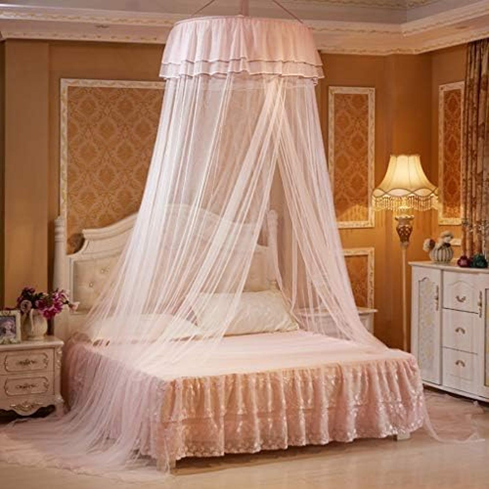 Moskitiera na baldachim łóżka Queen Kingsize z haczykiem na kij do łóżeczka podwójnego pełnego i Queen Size, szybka i łatwa instalacja, tkanina ognioodporna, beżowa