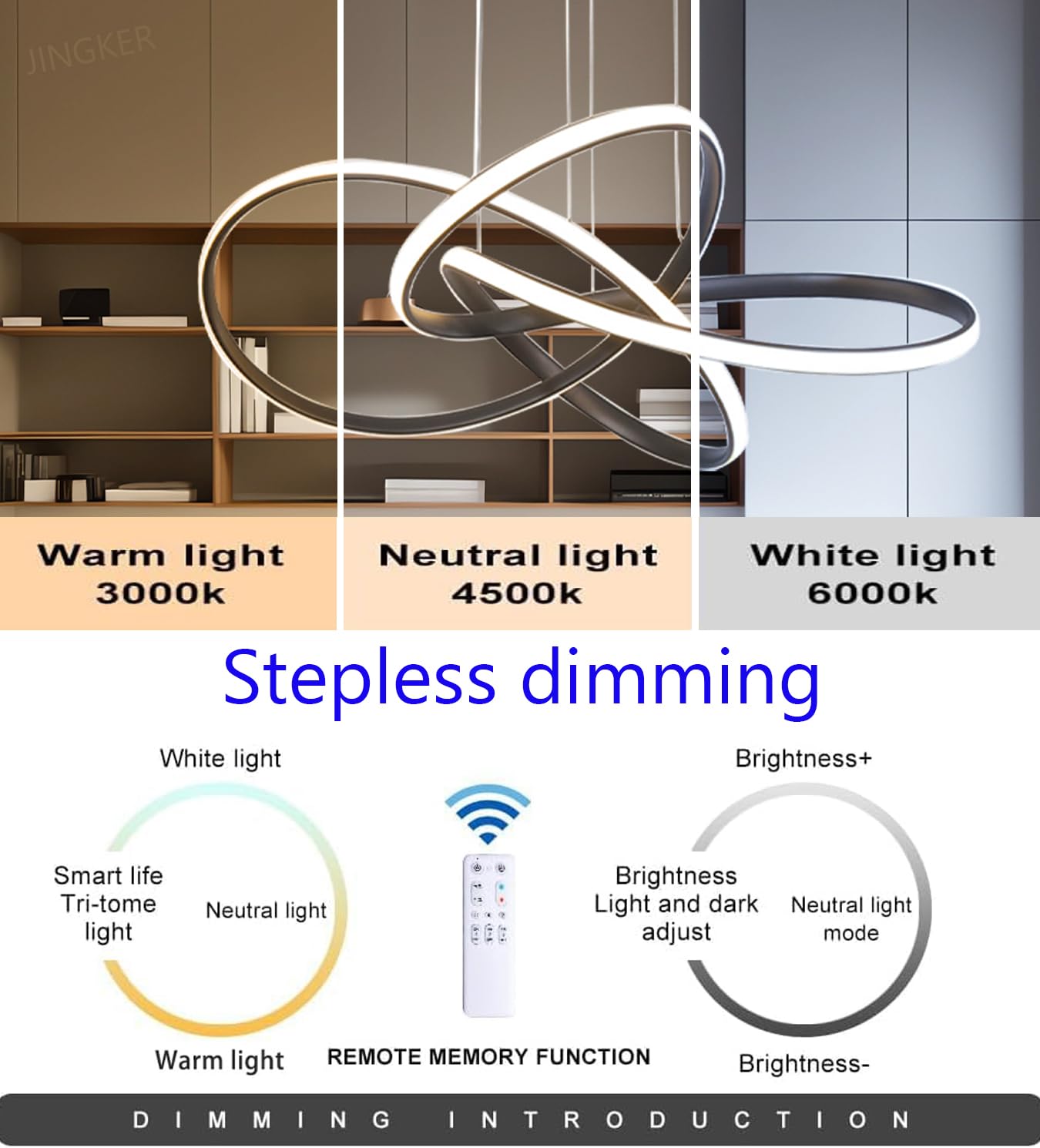 Lampa wisząca LED Nowoczesna kreatywna lampa wisząca Lampa wisząca w kształcie pierścienia Z regulacją jasności za pomocą pilota Regulowana wysokość 3000K-6000K do salonu jadalni gabinetu (Czarny)