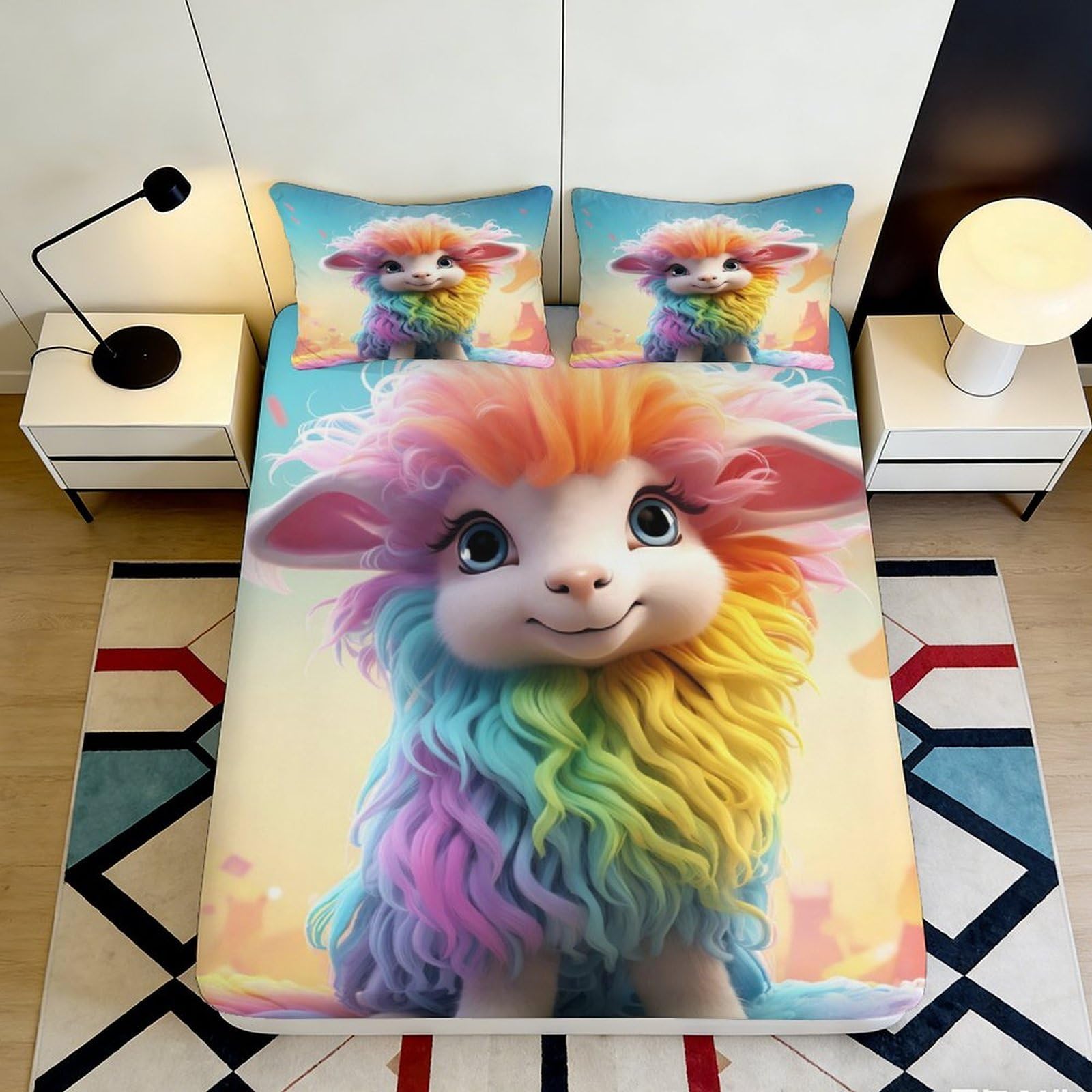 3D Printed Rainbow Sheep Fitted Sheet Microfiber Deep Pocket Non-Slip Colourful Sheep Mattress Fitted Cover Bedroom Bedding Washable 90x200x25cm