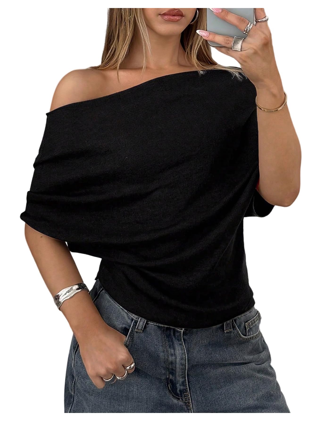 Women's Off The Shoulder Sweater Short Sleeve Loose Fit Dressy Bat Wing Sweater Pullover-image-38