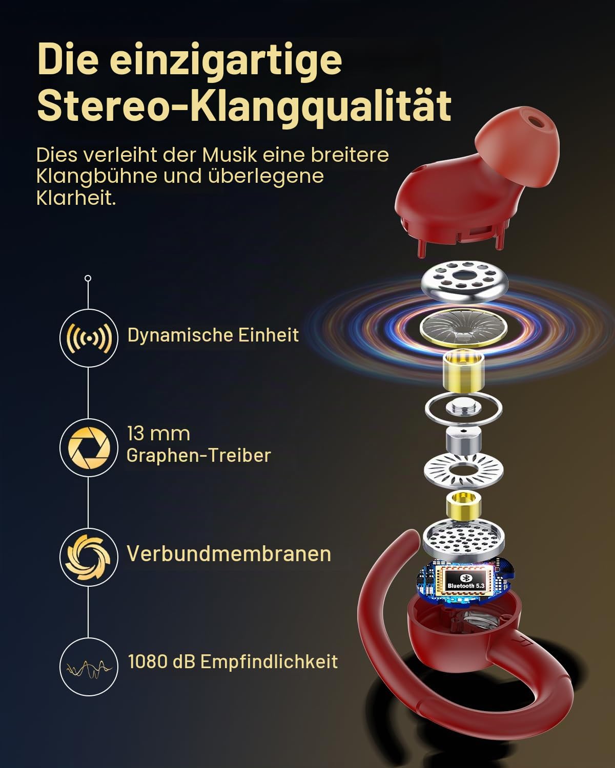 Bluetooth Kopfhörer Sport, in Ear Kopfhörer Kabellos Bluetooth 5.3 mit HD Mic, Herausragender Sound, 40 Std Spielzeit, Comfort Fit, Dual LED-Anzeige, IP7 Wasserdicht Ohrhörer mit Ohrhaken, Red