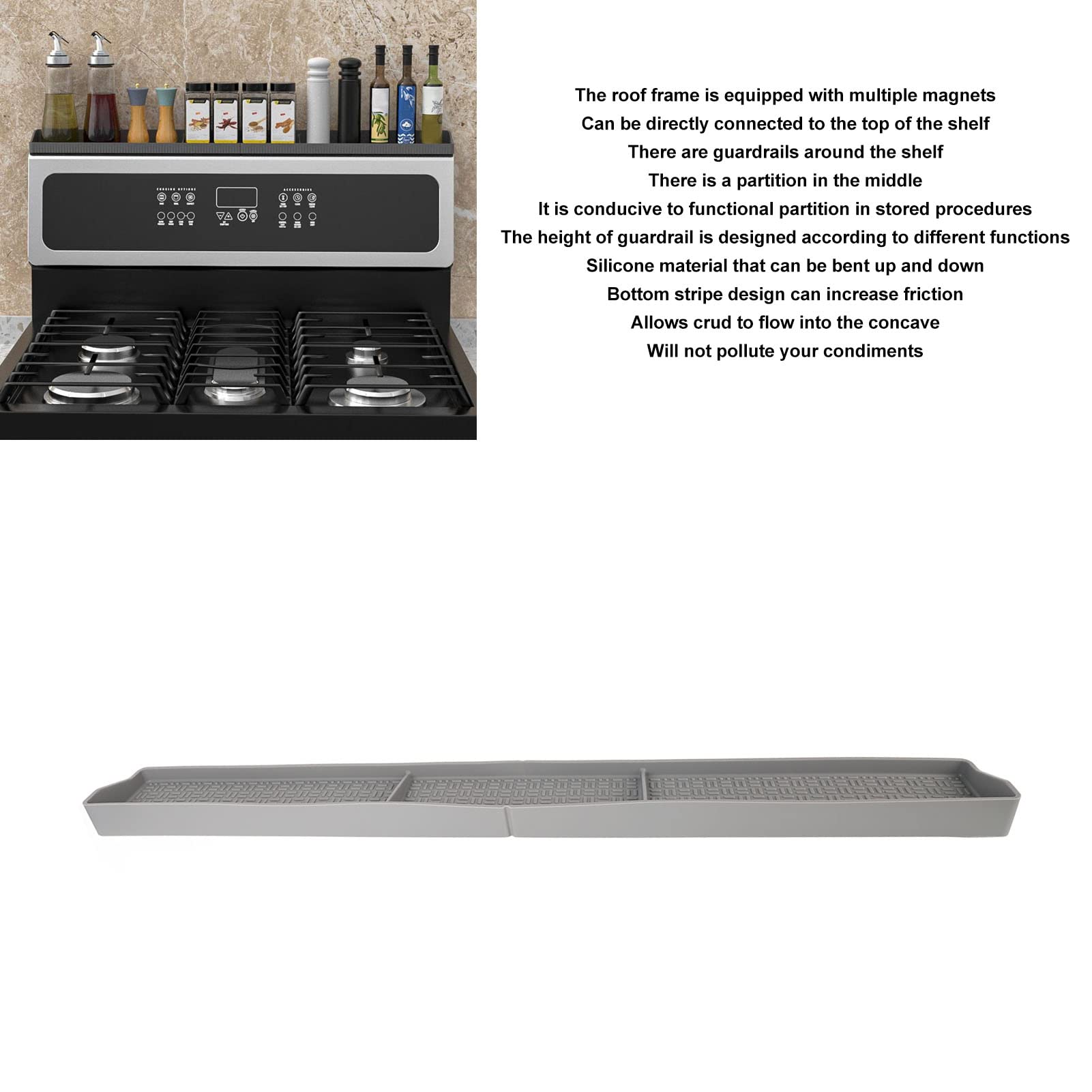 2 mensole magnetiche in silicone per stufa, 76 cm, da cucina, per fornelli, forno, organizer magnetico per stufa, organizer per stufa (grigio