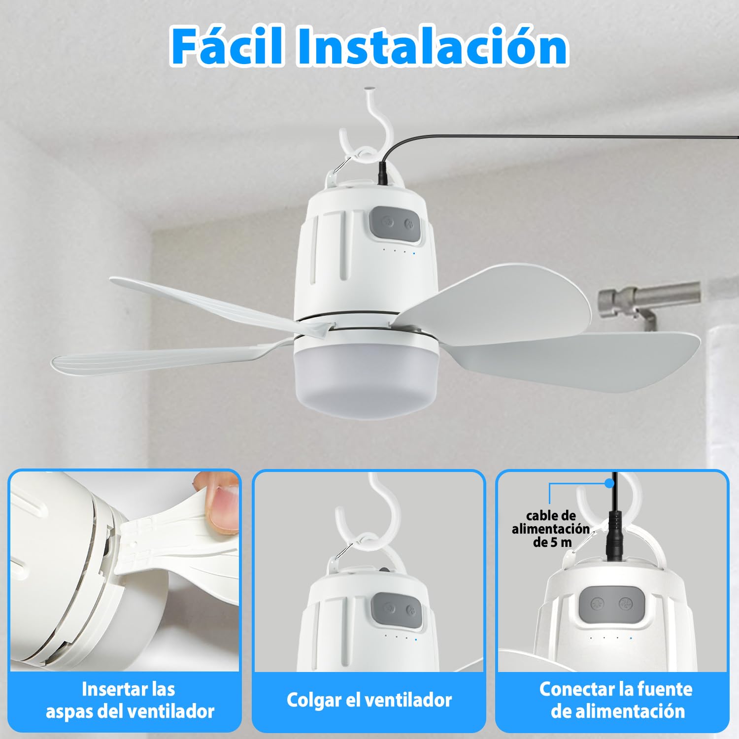 Gliztech 50cm Lámpara Ventilador de Techo con Luz LED, Mando a Distancia, Enchufe de 5m Ventilador Silencioso de Bajo Consumo Ideal para Dormitorio, Terraza, Cuarto de Herramientas, Parasol, Cenador