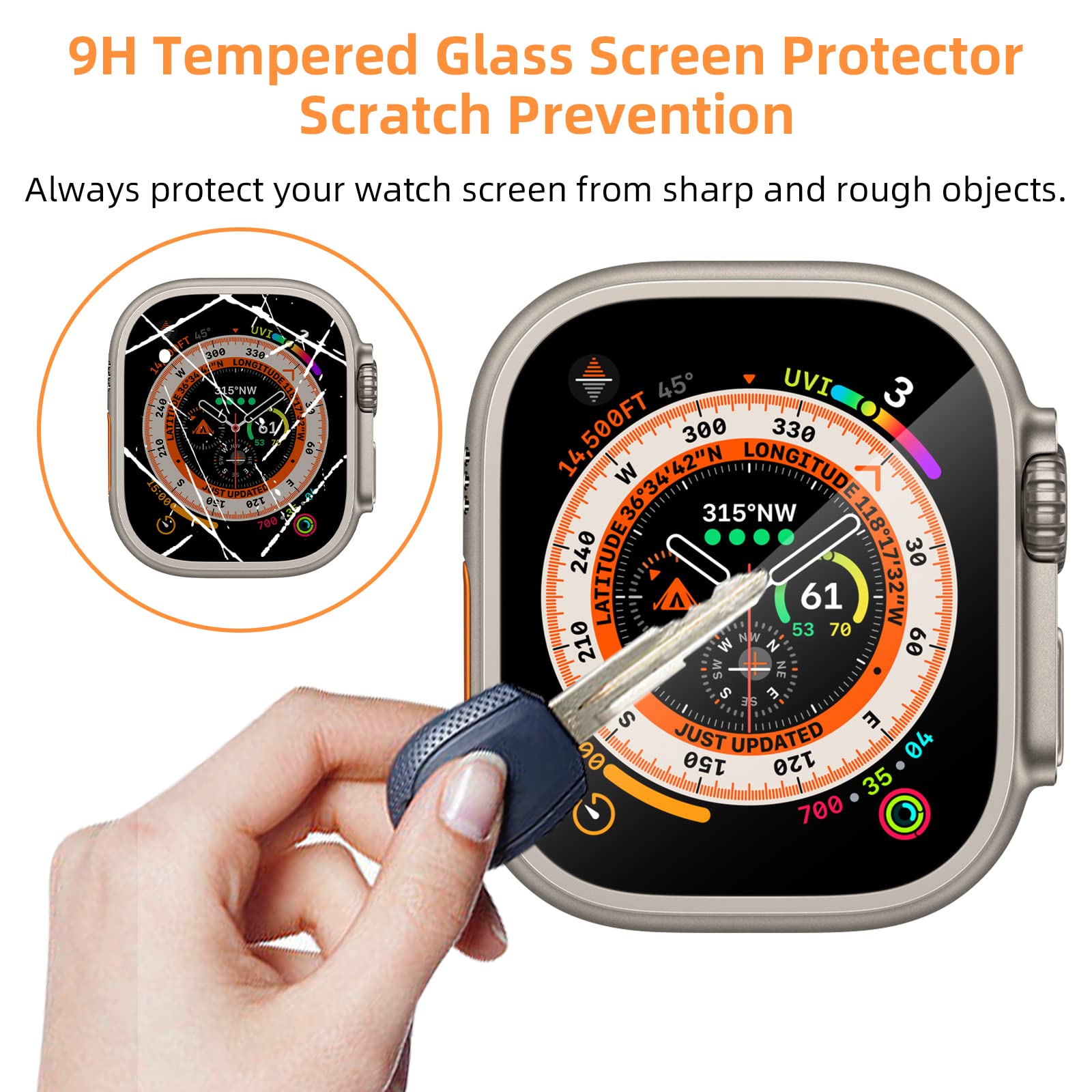 Pellicola proteggi schermo compatibile con Apple Watch 49 mm 45 mm, in vetro temperato con kit di installazione facile per iWatch Ultra 49 mm serie 8/7 45 mm, senza bolle, copertura completa