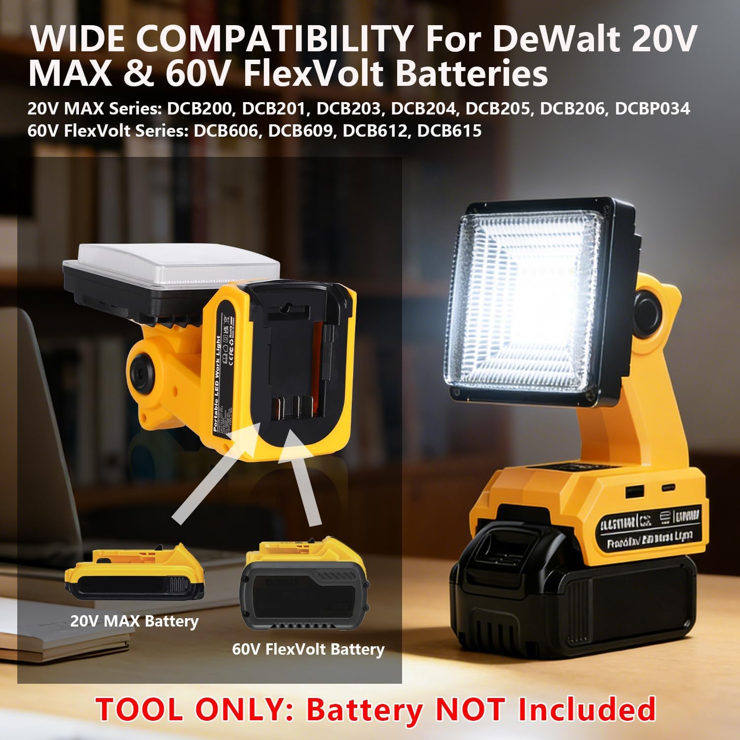 DTEZTECH LED Work Light for Dewalt 20V Max Battery, 25W 1500LM Cordless Portable Flood Light with 90° Pivoting Head, USB-A & USB-C Charging Ports for Jobsite, Workshop, Camping & Emergency (Tool Only)