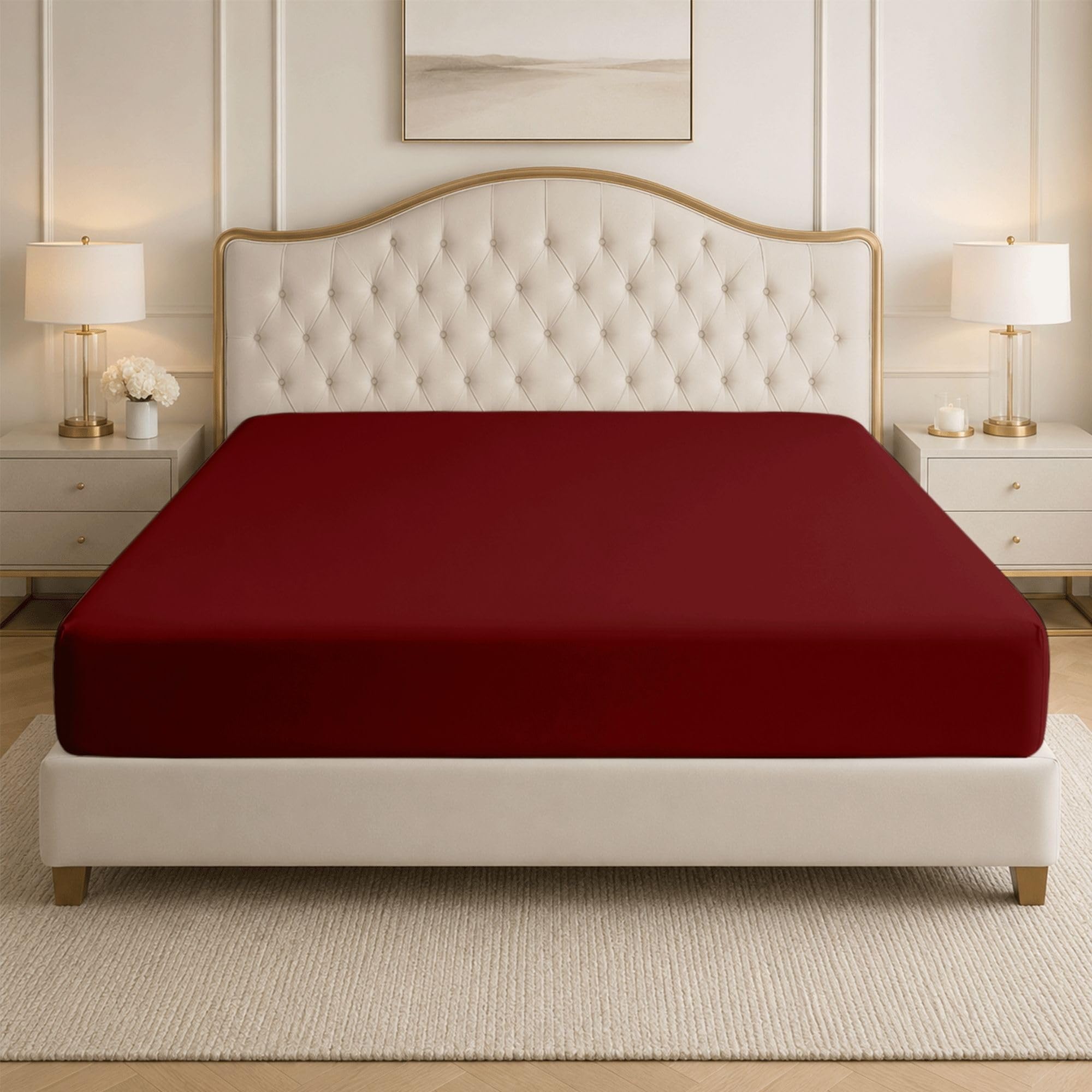 Bloombedding Burgundy 100% Egyptian Cotton Fitted Bed Sheets, 400Tc Small Double Fitted Sheet, Extra Deep 35Cm Mattress Pocket, Soft Cotton Bed Linen