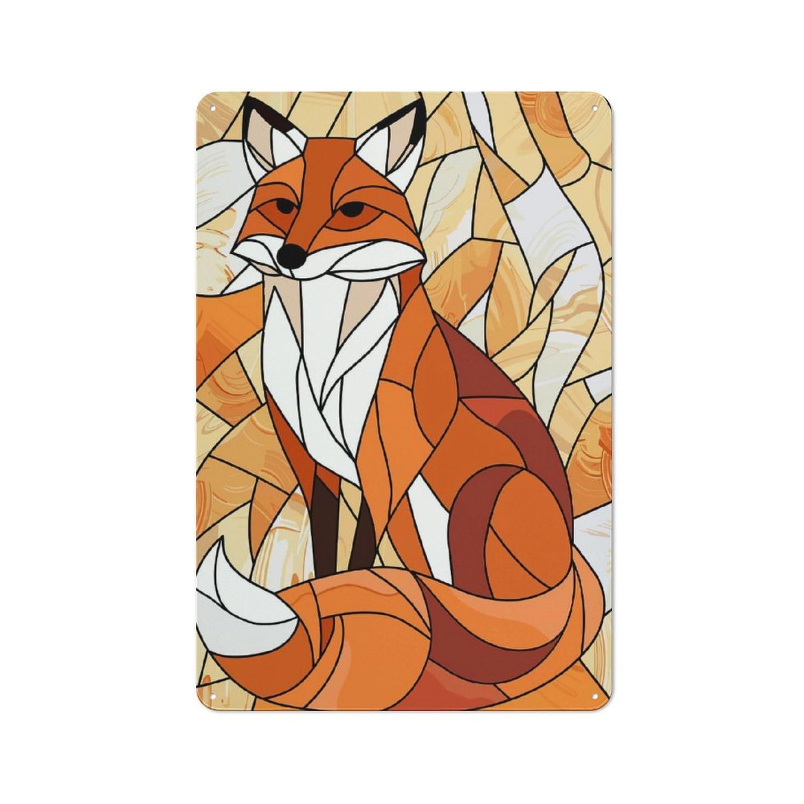 Junmoney Style-4 Tin Wall Plaque 30X20cm With Stained Glass Fox Portrait For Hobby Room Or Studio, For Kitchen, Dining Room And Home Bar Wall Decor