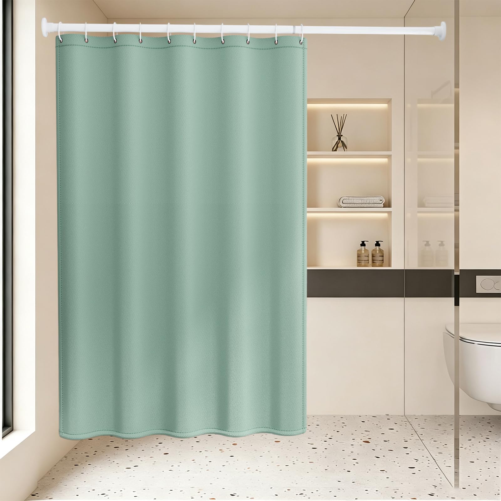 Rideau Douche Anti Moisissure 100 x 160 cm Imperméable Rideaux Salle de Bain Petit Tissu Polyester, Anti Moisissure, Imperméable Lavable en Machine, avec 12 Crochets, Vert Clair