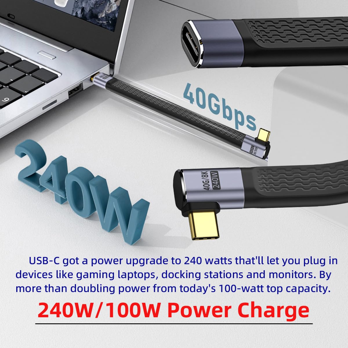 USB4 Verlängerungskabel 90 Grad – 13 Cm, 40 Gbit/s, 240W Laden, 8K @ 60Hz, Thunderbolt 3/4 Kompatibel