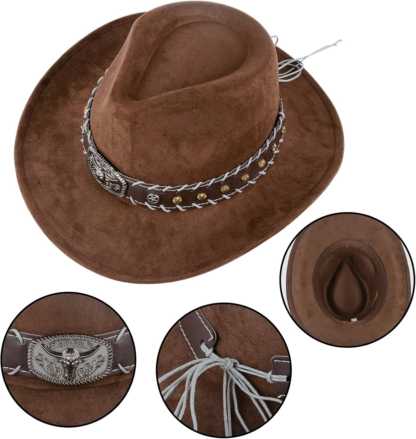 Cowboy Hat for Women and Men, Mens Western Cowboy Hats with Bull Head Womens Retro Vintage Jazz Hat Solid Color Cowgirl Hats (US, Alpha, Medium, Coffee 2)