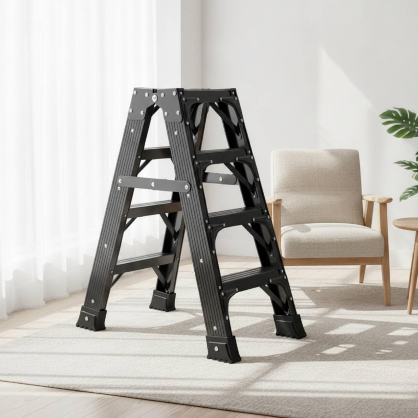 Gralara Escalera Reforzada Plegable de Tipo a, 5 Pasos, 1.5 Metros, Negro Avanzado, Engrosado Y Reforzado, Escalera De Tijera De 5 Pasos Y 1.5 Metros con Refuerzo Completo
