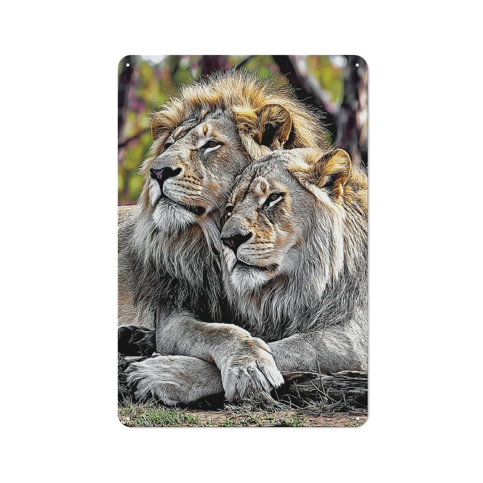 Vintage Cafe Metal Sign 30x20cm Featuring Two Lions Resting Together in Nature, Bistro Wall Plaque for Cafe, Bistro, Bakery Or Restaurant