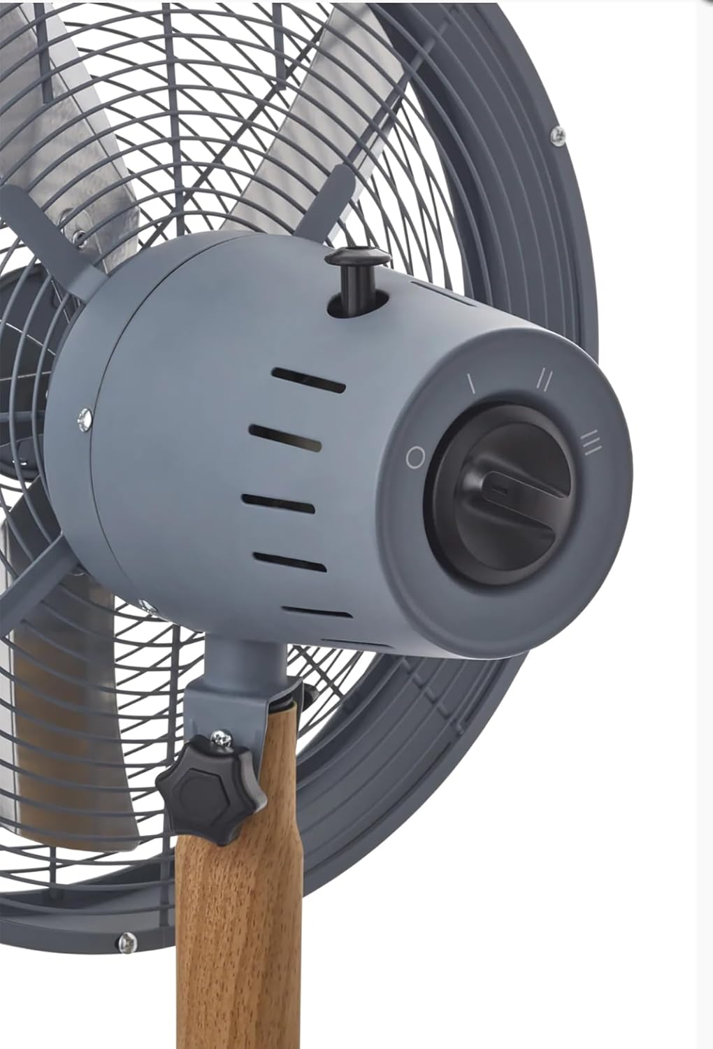 Close-up of the fan's rotary switch and oscillation pin