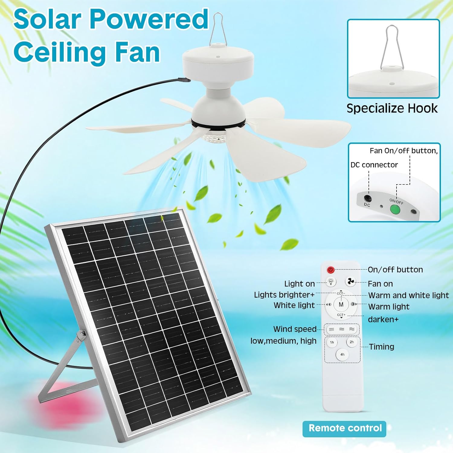 1 Set Solar Ceiling Fan Light Kit, 25W Solar Powered Rechargeable Ceiling Fans with 3 Color Light and Remote Control, Portable Fan for Outdoor Patio Canopy Shed Rv Porch Chicken Coop Camping Tent