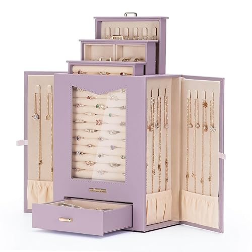 Homde Jewelry Organizer with Transparent Window Necklace Hooks Gift for Women Jewelry Box Display Case for Necklaces Rings Earrings Bracelets and Other Accessories (Grey Purple) - Grey Purple