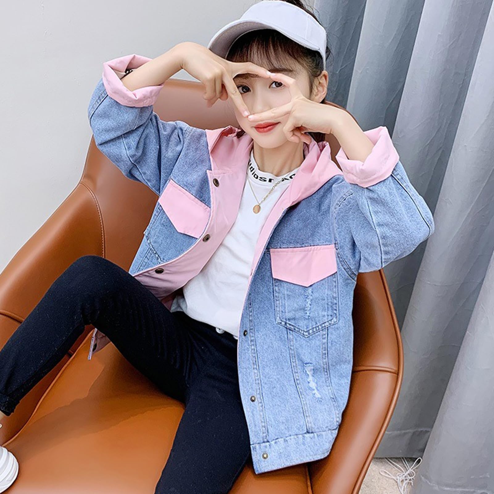 Chaqueta Vaquera Niña con Capucha Abrigo de Diseño Reversible para Primavera Otoño