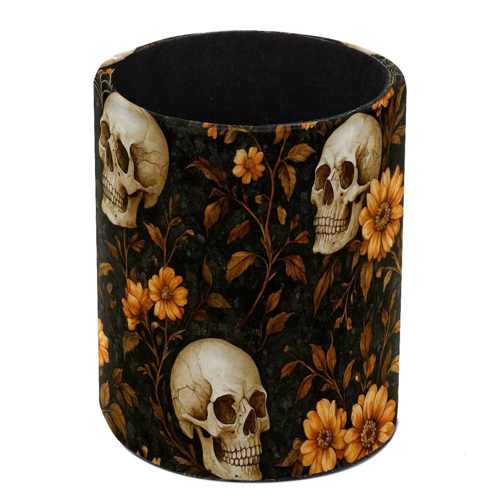 HEOEH Skull Flower Pen Holder for Desk, PU Leather Pencil Holder Pen Cup Marker Holder Makeup Brush Holders, Desk Accessories & Workspace Organizers for Home, Office