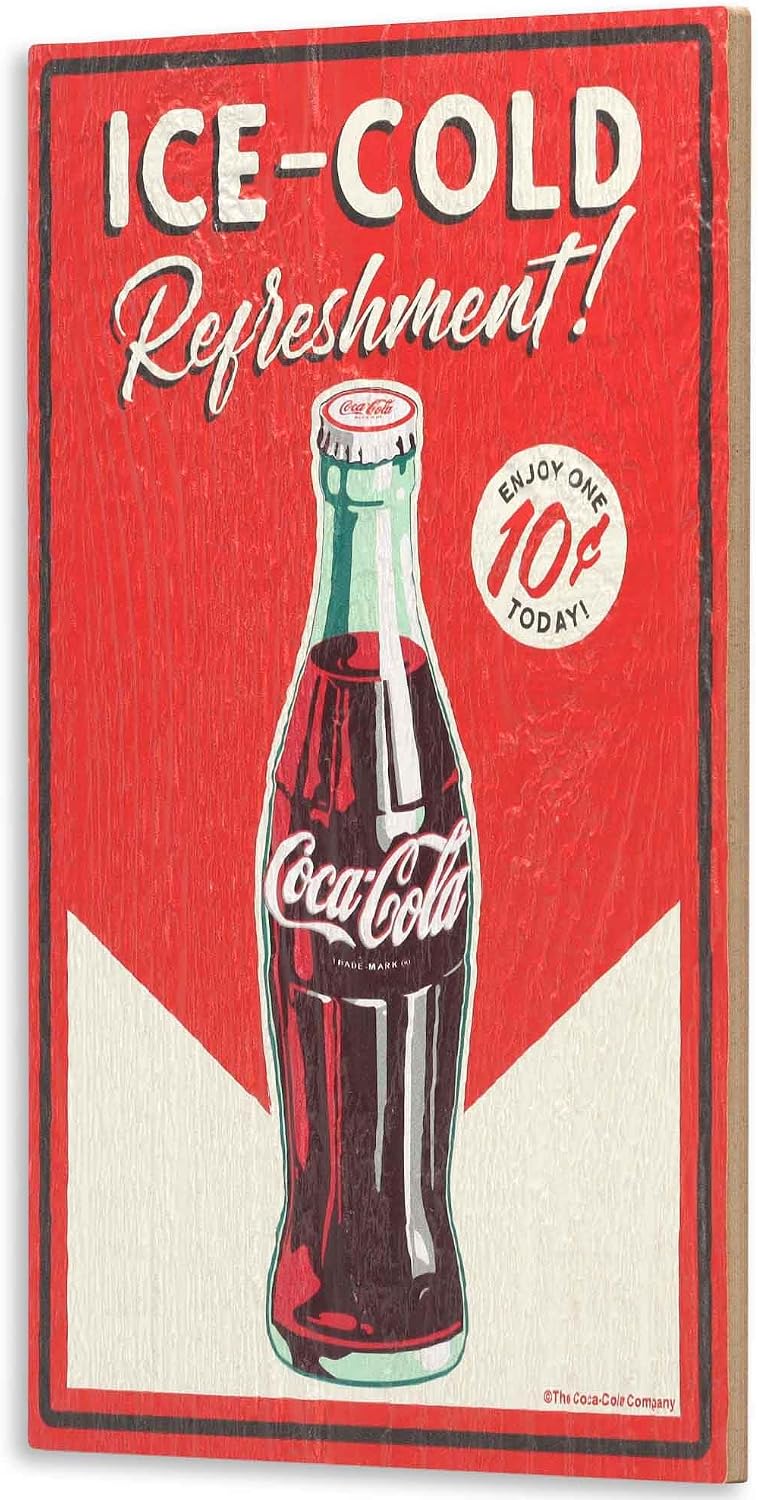 Coca-Cola Ice-Cold Refreshment Textured Wood Wall Decor - Vintage Coca-Cola Sign for Kitchen, Man Cave or Garage
