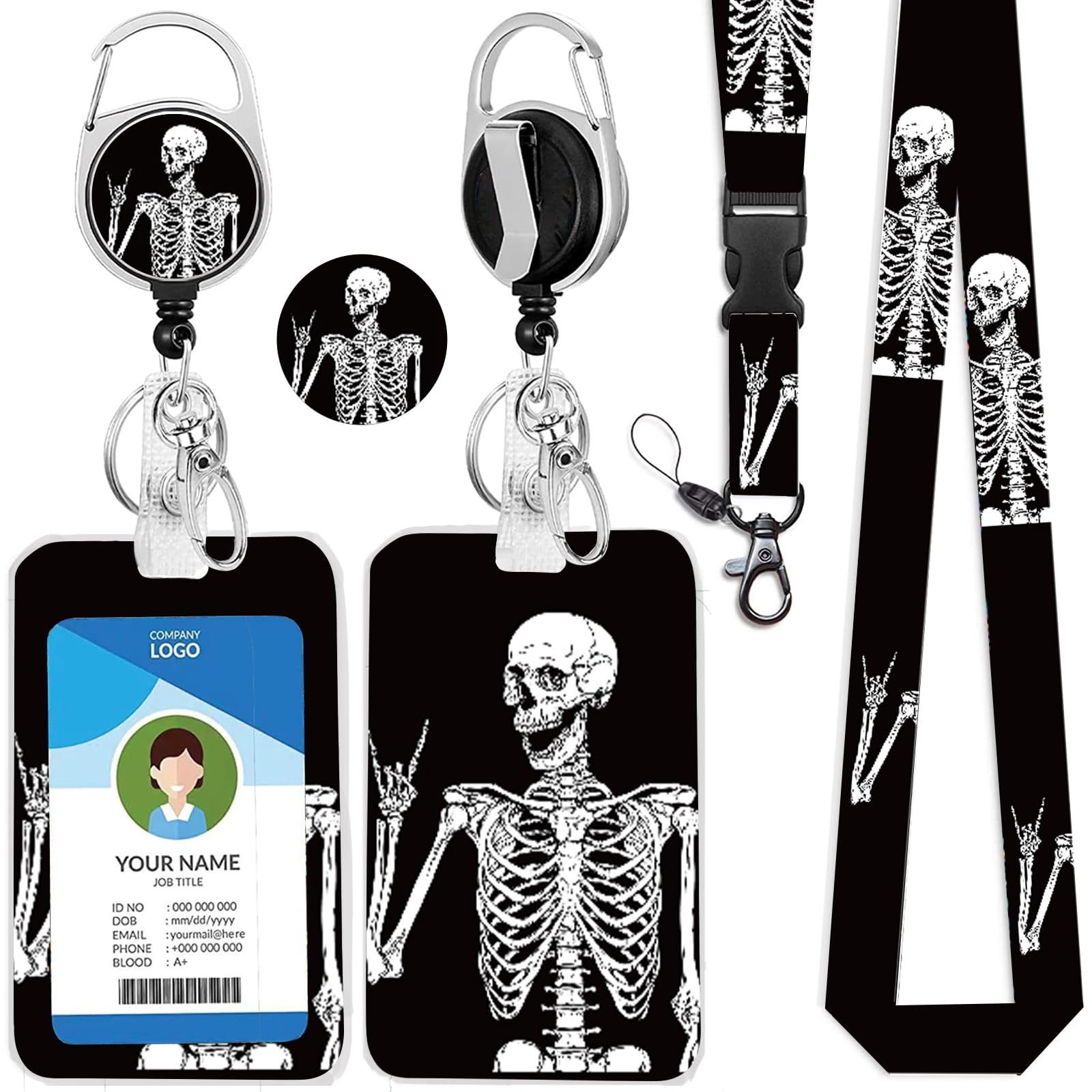bolimoss Skull Lanyard with Retractable Card Holder Cool Skeleton Badge Holder with Clear ID Window and Neck Lanyards Strap Office Detachable Lanyard ID Badge Holder for Keys