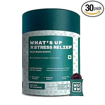 What's Up Wellness Stress Relief Gummies | 30 Days Pack for Men & Women Enriched with Chamomile, Passion Flower, L-theanine, Sage & Holy Basil